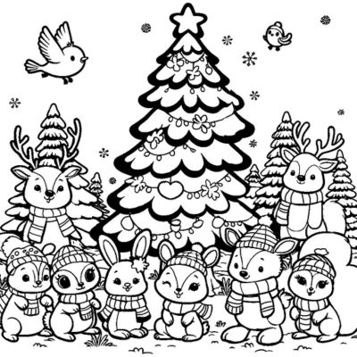 Arbol de Navidad y animales kawaii